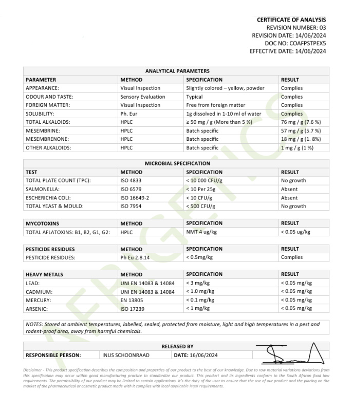 Sceletium tortusum extract Certificate of Analysis